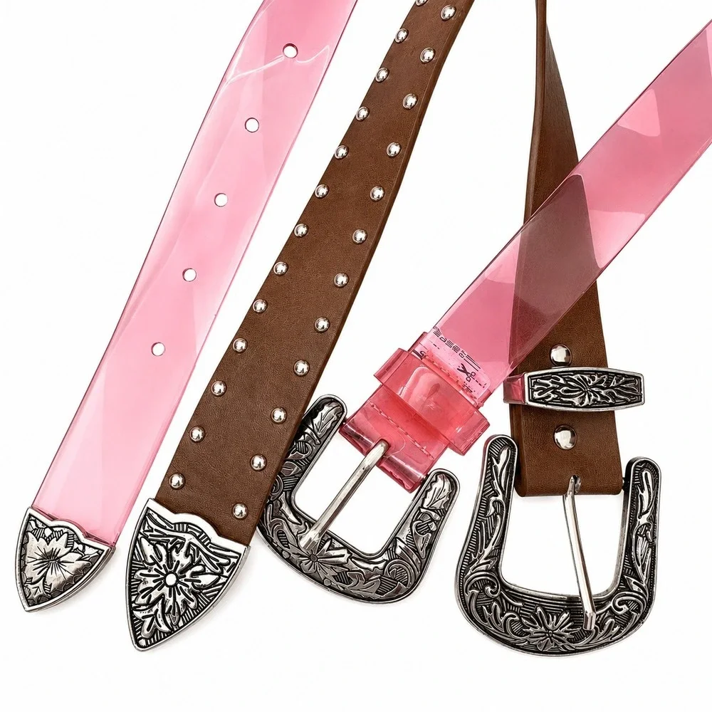Pair of Y2K Fashion Belts  Pink Transparent Brown Studded Metal Buckle/Tips